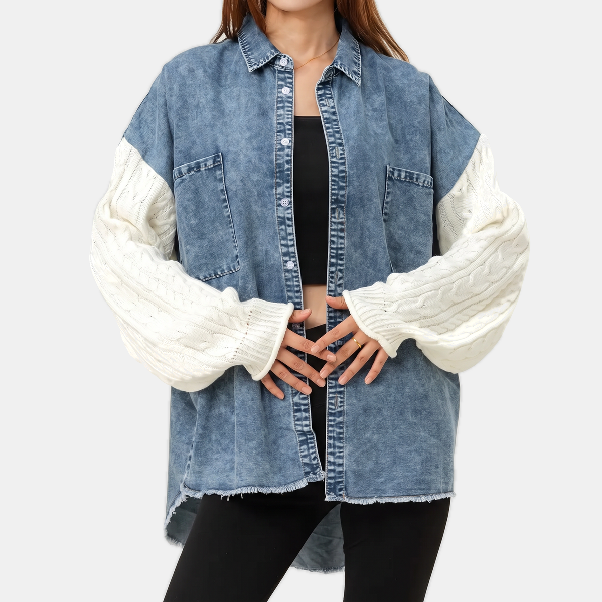 Women's Cable Knit Sleeve Denim Jacket Button Front Shacket