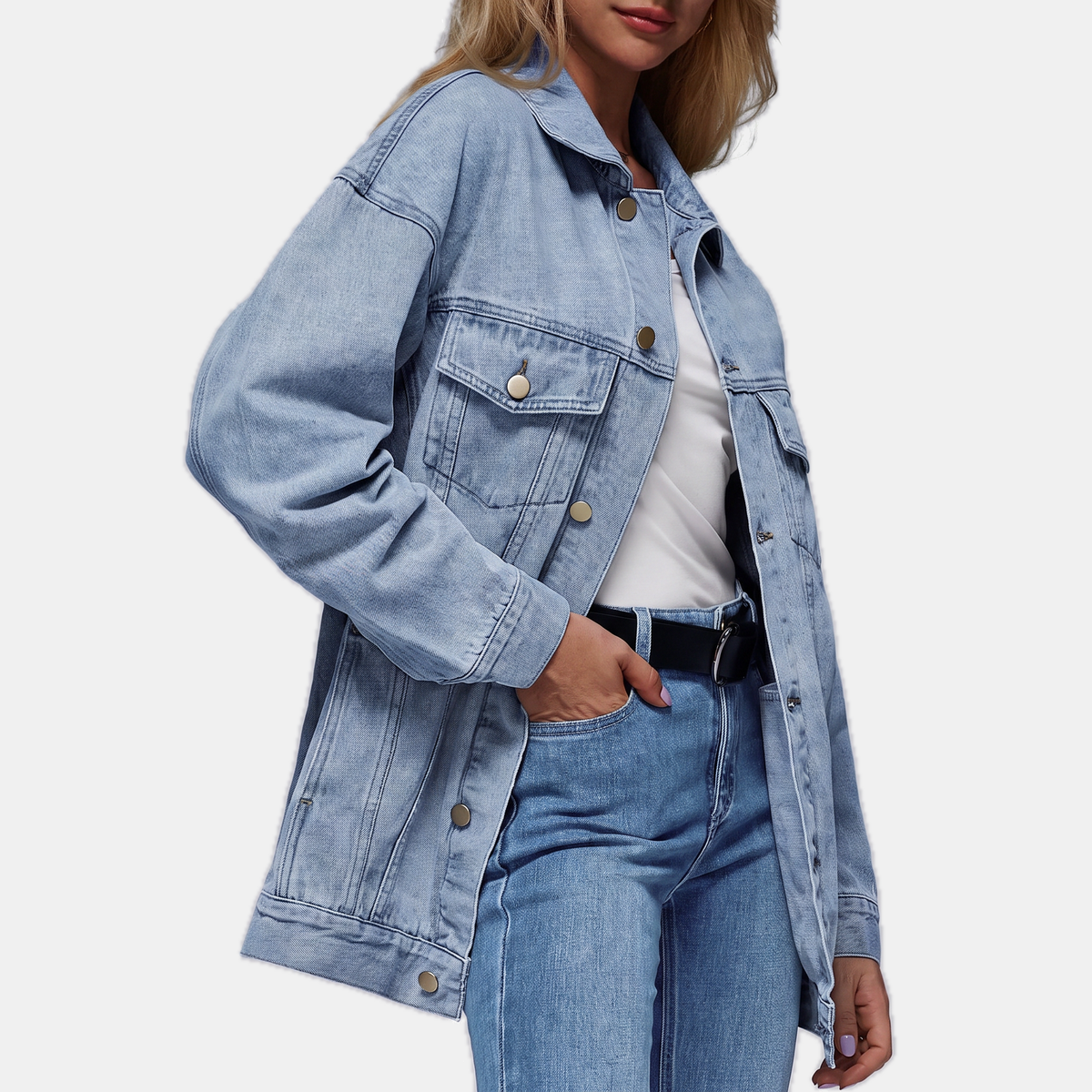 Women's Oversized Acid Wash Denim Jacket with Snap Buttons