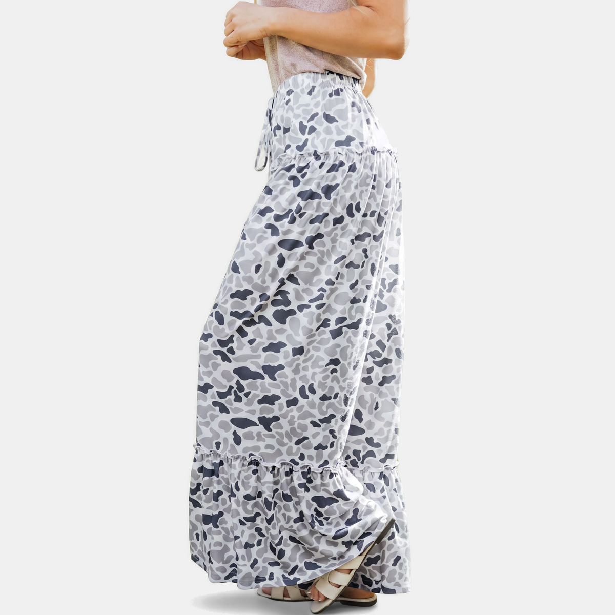 Women's Ruffle Hem Wide Leg Camo Pants
