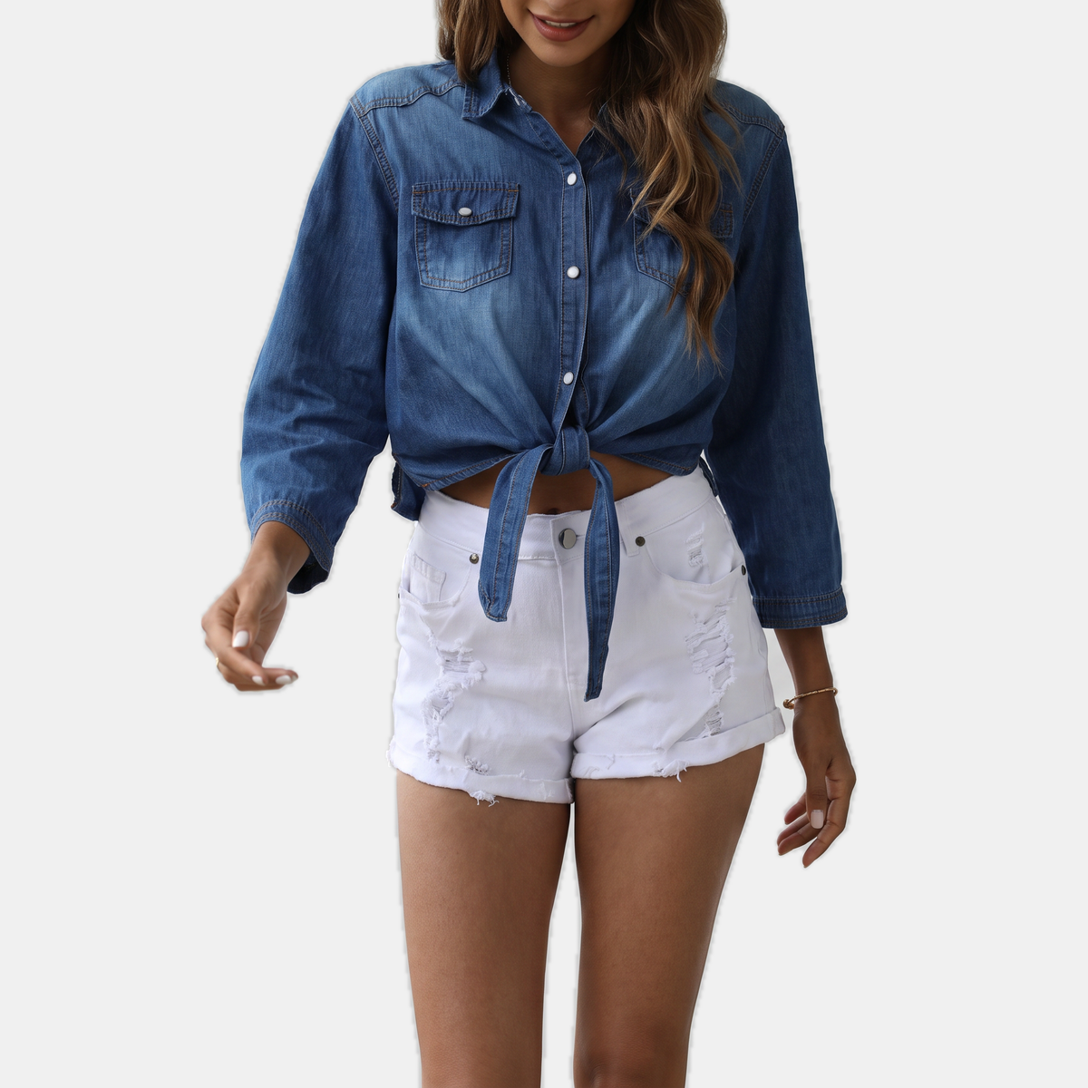 Women's Tie Knot Crop Denim Shirt with Western Snap Button Front