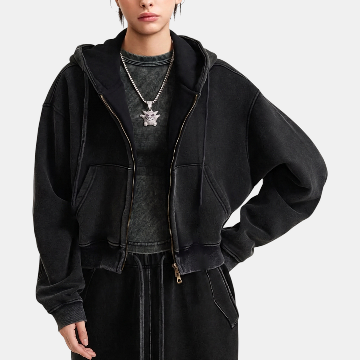 Women's Acid Wash Cropped Zip Up Hoodie Fleece Sweatshirt