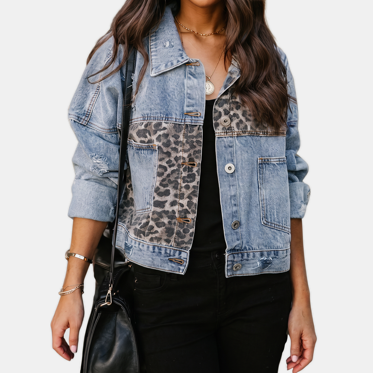 Women's Patchwork Button Front Denim Jacket with Distressed Hem