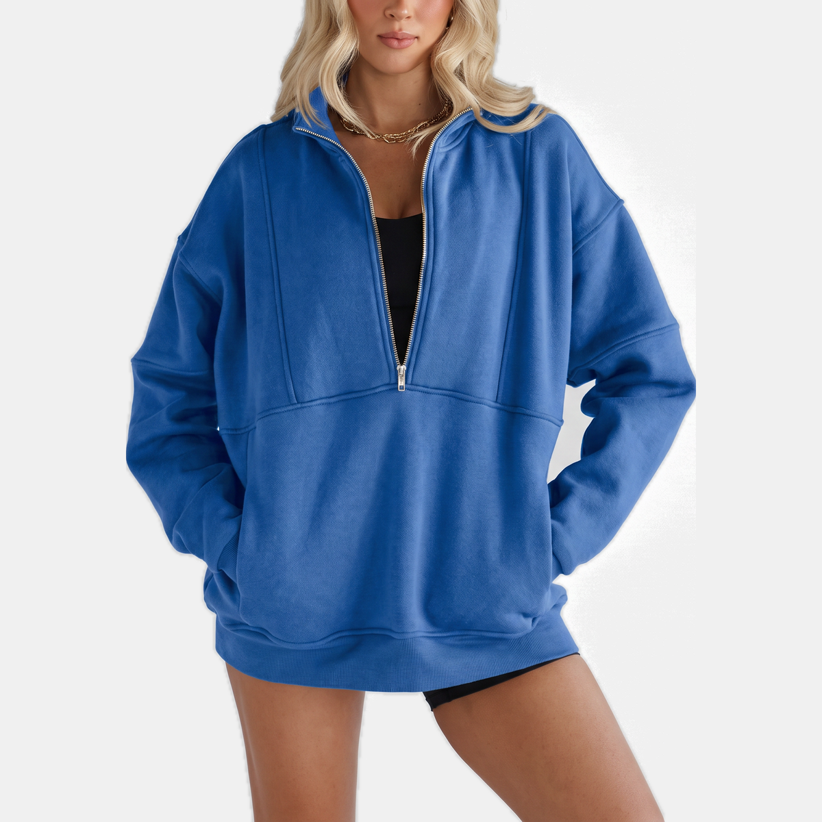 Women's Oversized Half Zip Fleece Sweatshirt with Ribbed Elbow Panels