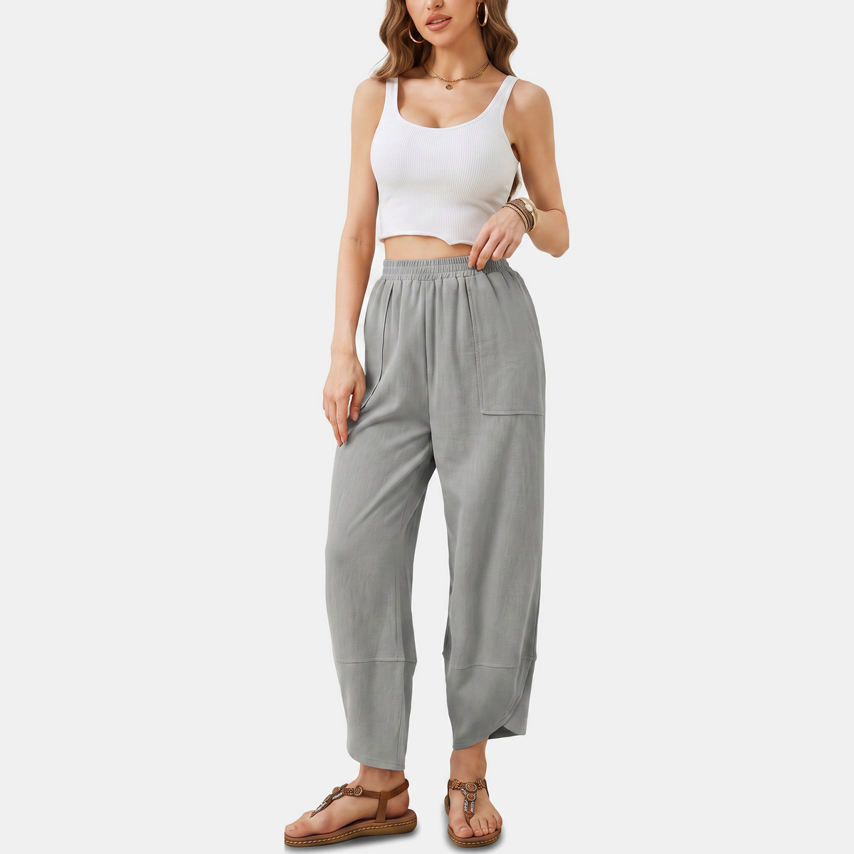 Women's Wide Leg Ribbed Knit Cropped Trousers with Patch Pockets