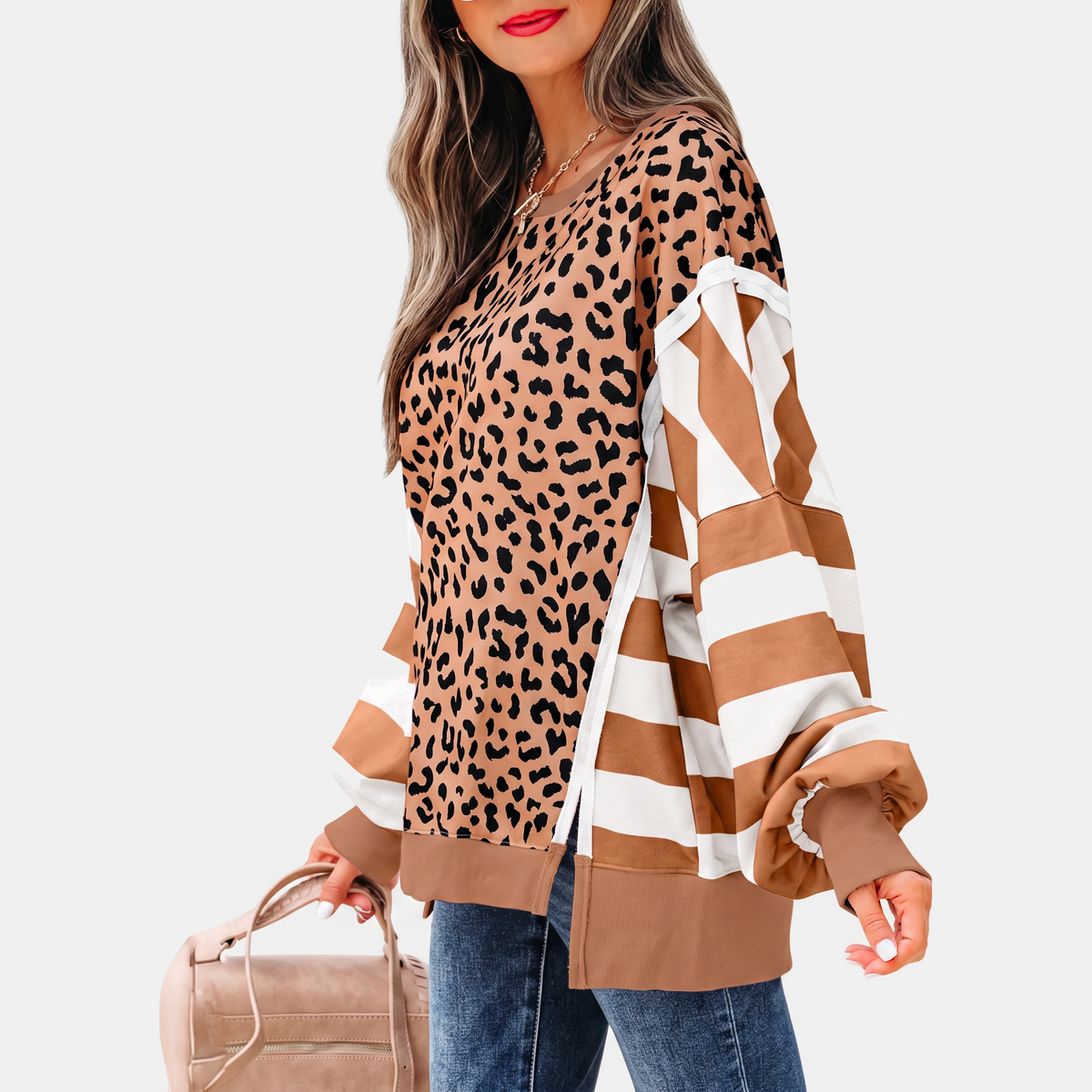 Women's Balloon Sleeve Crewneck Colorblock Sweatshirt