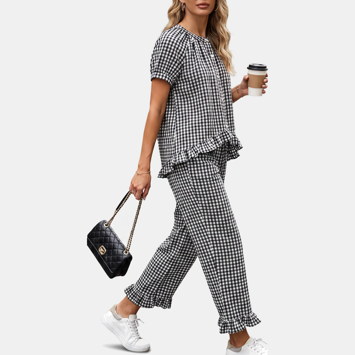 Women's Ruffle Trim Pajama Sets Short Sleeve Button Front Two Piece