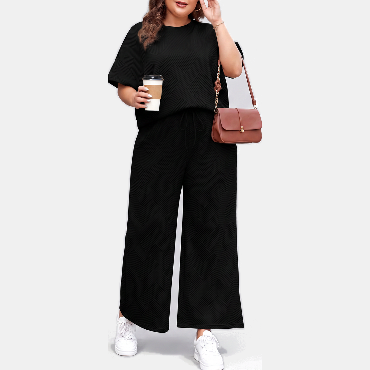 Women's Textured Drawstring Wide Leg Lounge Set