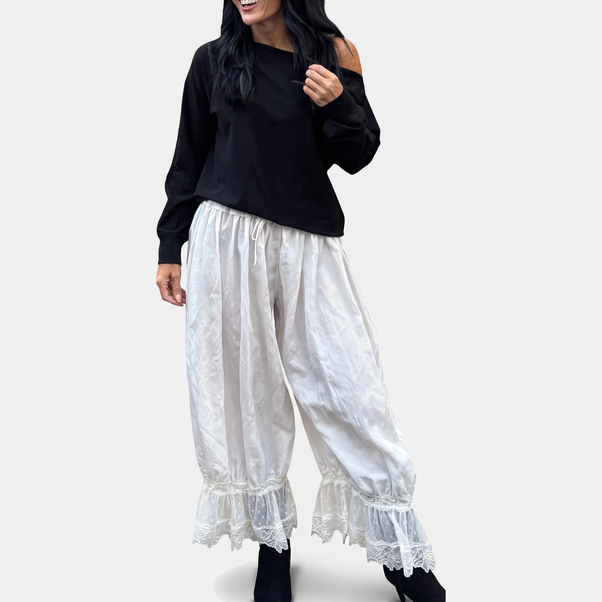 Women's Wide Leg Lace Trim Ruffle Hem Palazzo Pants