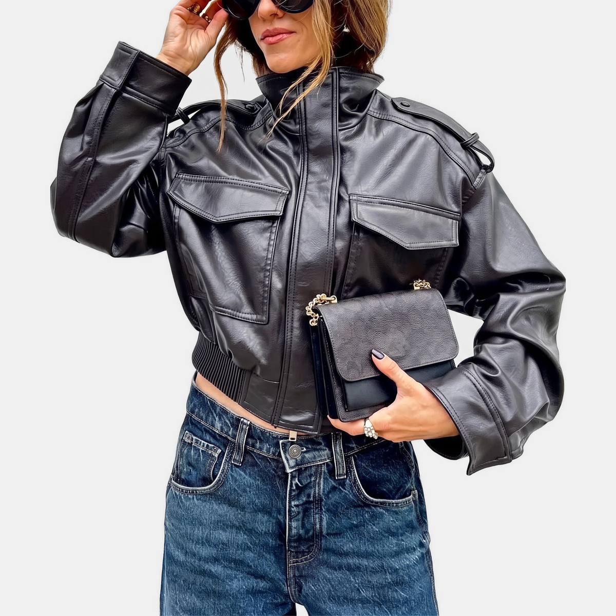 Women's Faux Leather Cropped Bomber Jacket with Cargo Pockets
