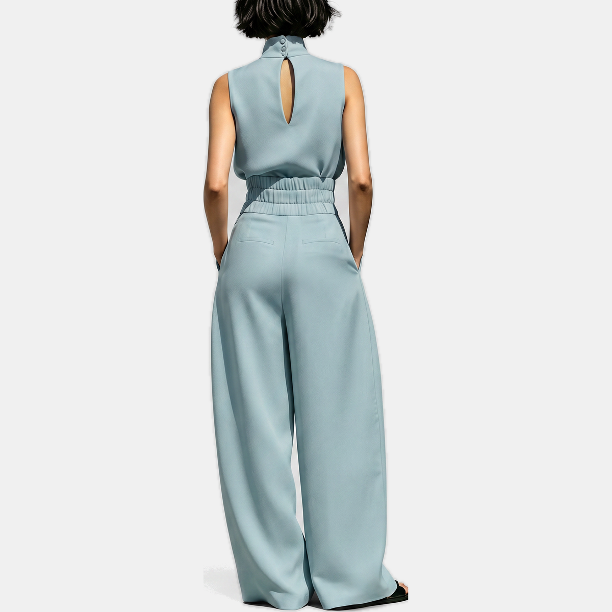 Women's Sleeveless Turtleneck Linen Wide Leg Trouser Co-ord Set