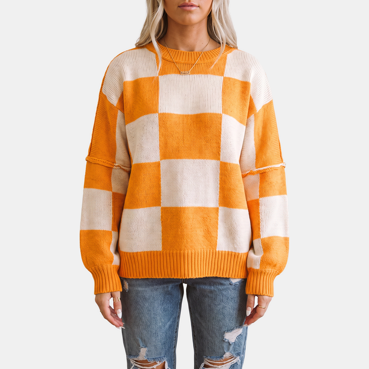 Women's Oversized Balloon Sleeve Checkered Knit Sweater