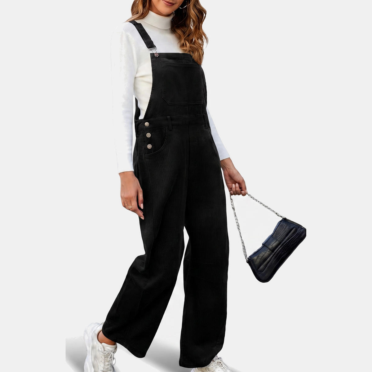 Women's Corduroy Wide Leg Bib Overalls with Buckle Straps