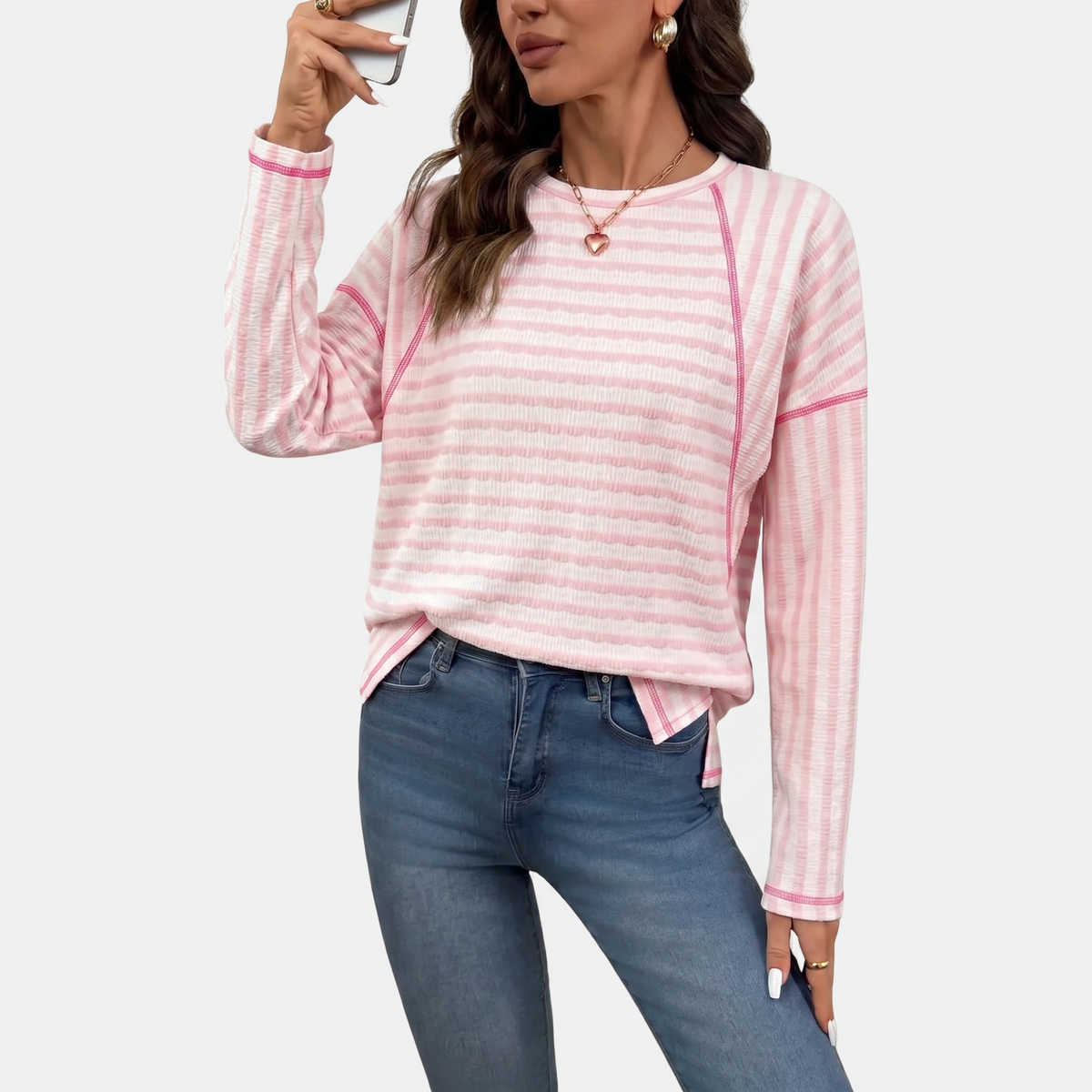 Women's Striped Crewneck Relaxed Raglan Pullover Sweatshirt