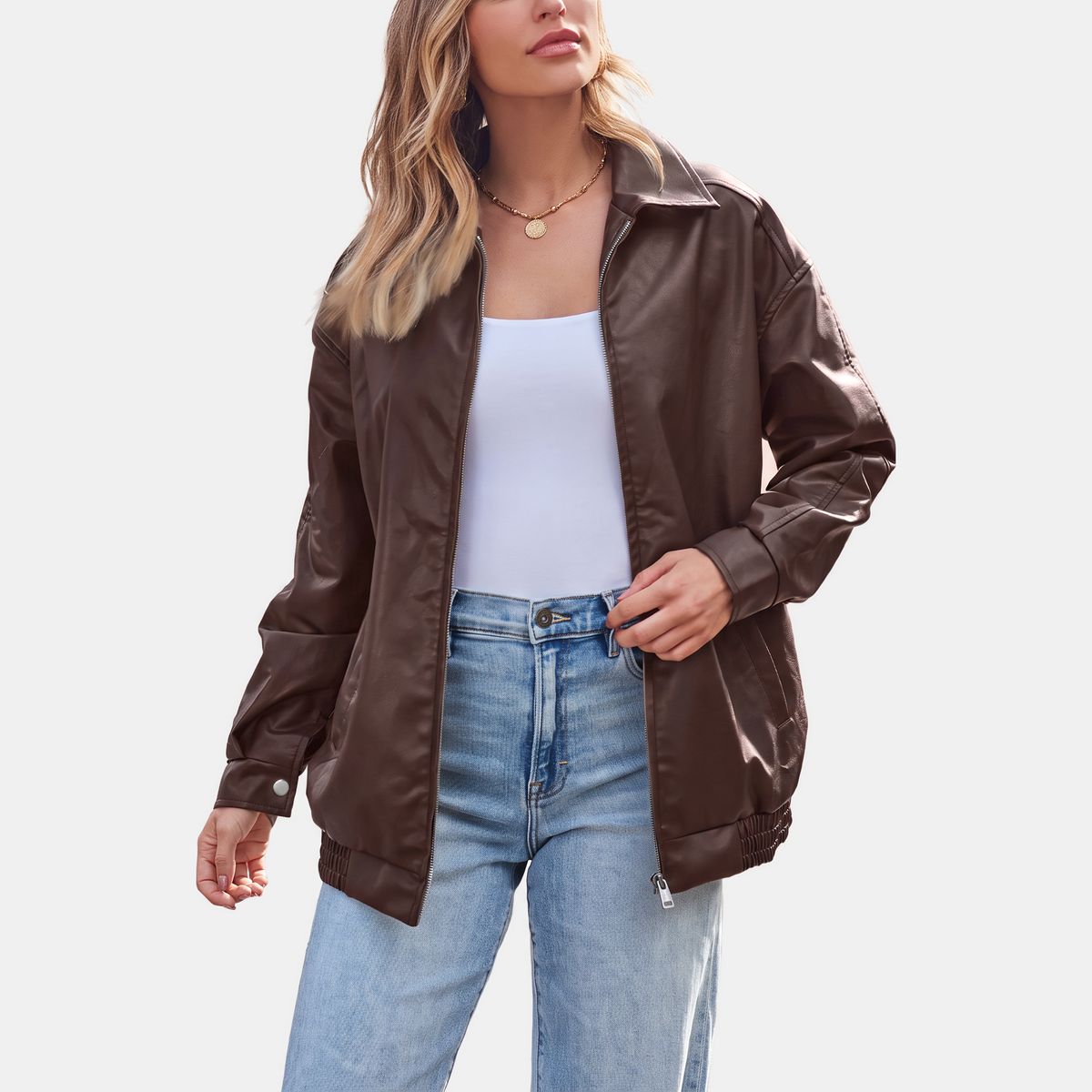 Women's Oversized Faux Leather Bomber Jacket with Zip Front