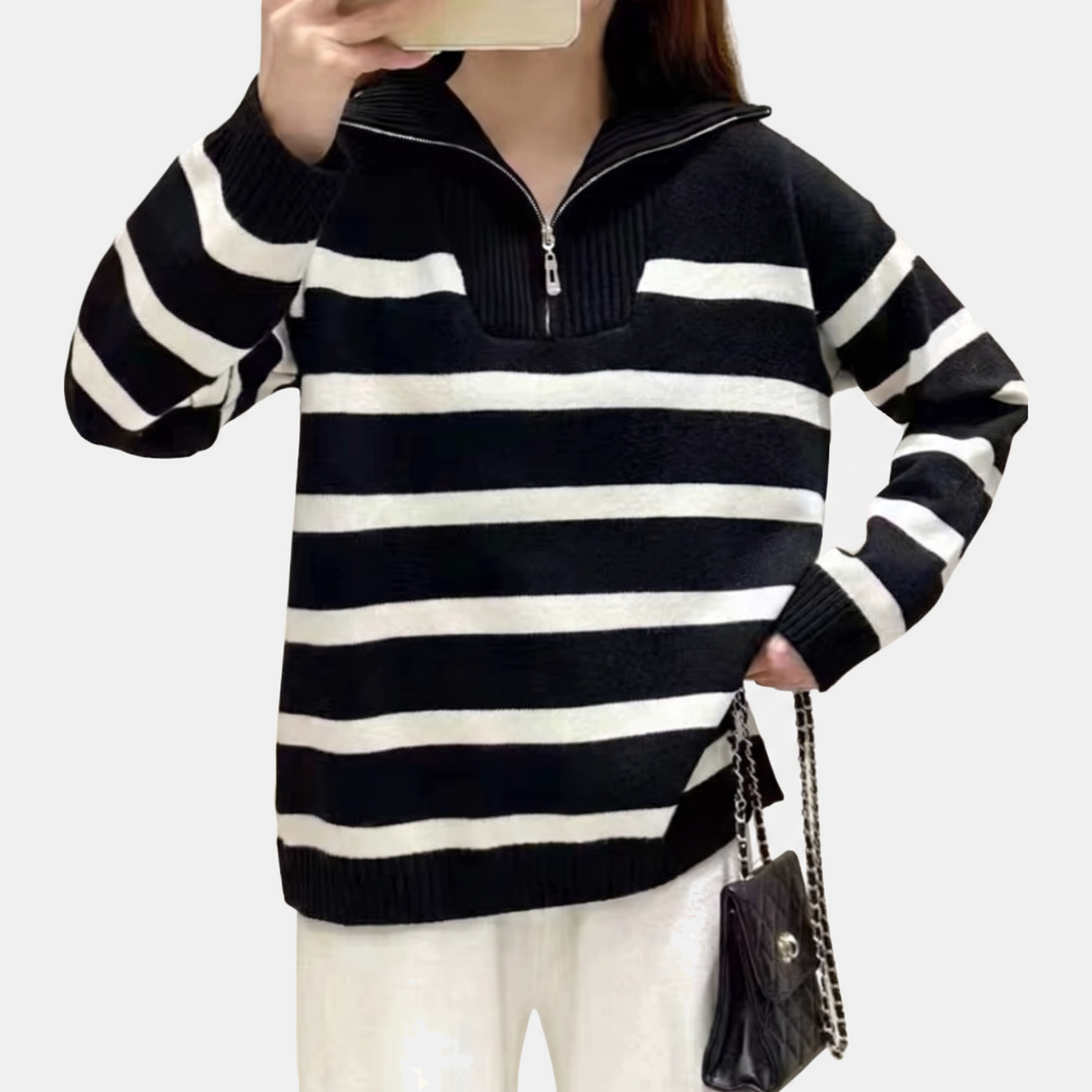 Women's Quarter Zip Oversized Striped Knit Sweater