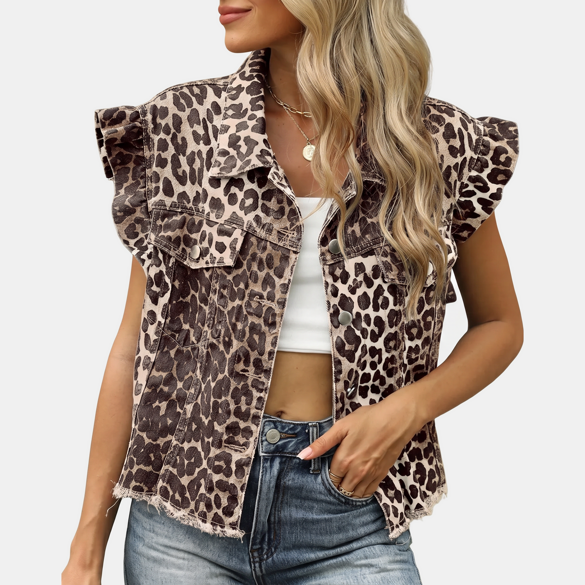Women's Ruffle Trim Cropped Denim Vest