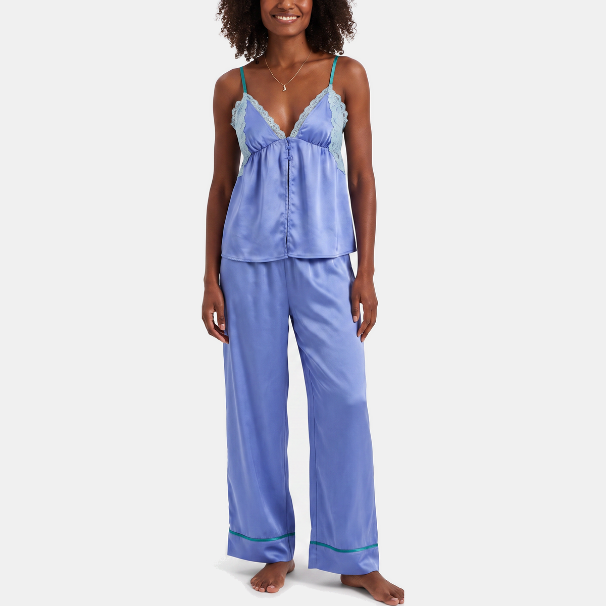 Women's Satin Lace Trim Pajama Set Wide Leg Trousers