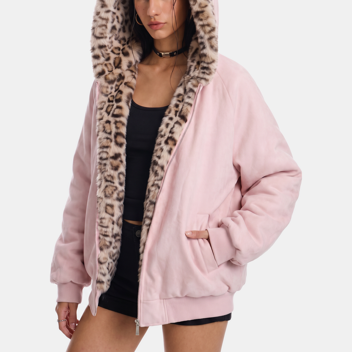 Women's Faux Fur Lined Hooded Bomber Jacket with Cat Ear Hood