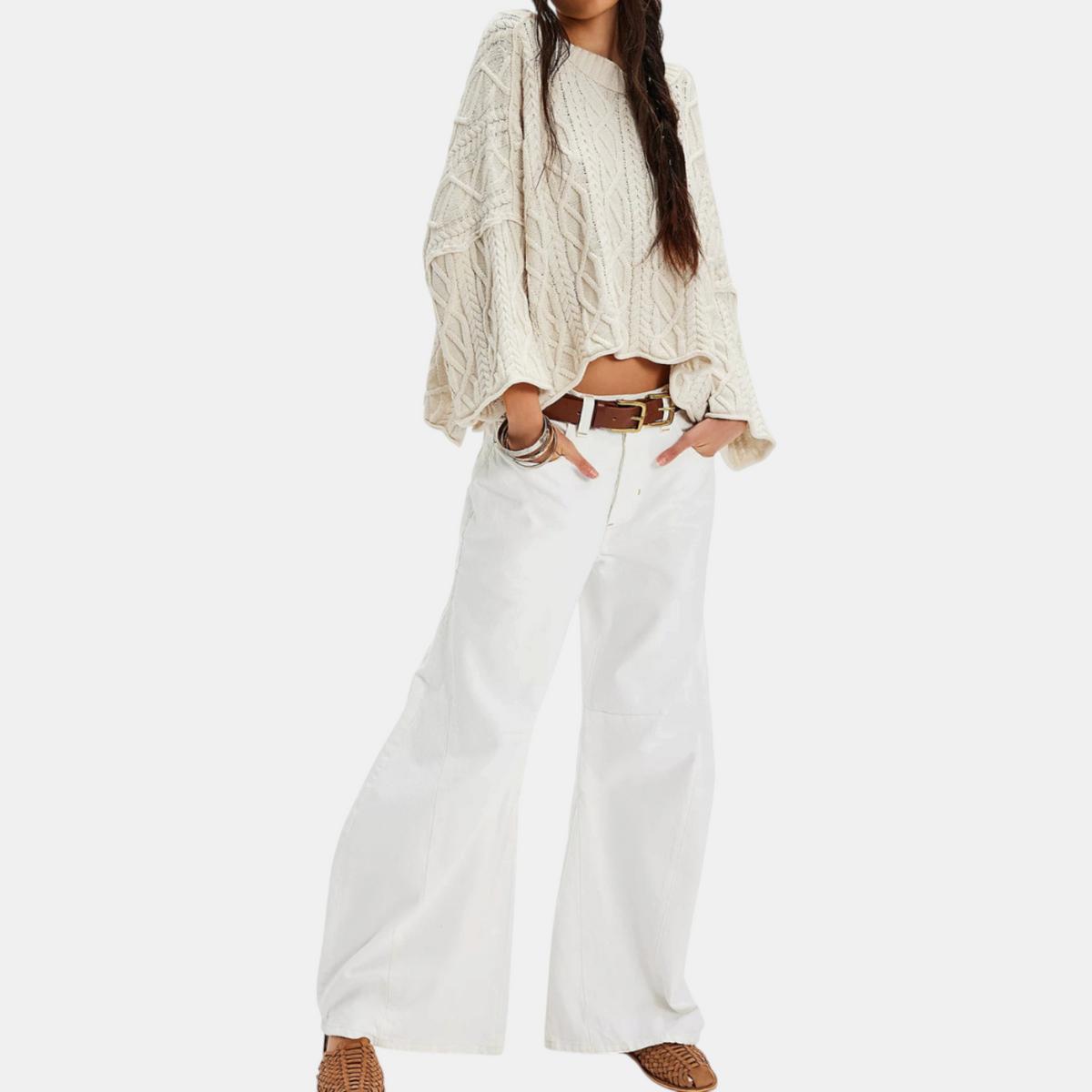 Women's Cable Knit Cropped Sweater Bell Sleeve Pullover