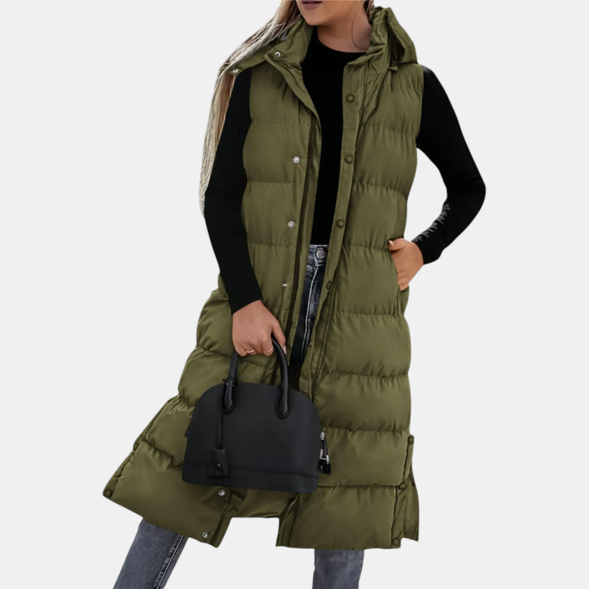 Laura - Women's Puffer Vest Quilted Hooded Maxi Length Button Down