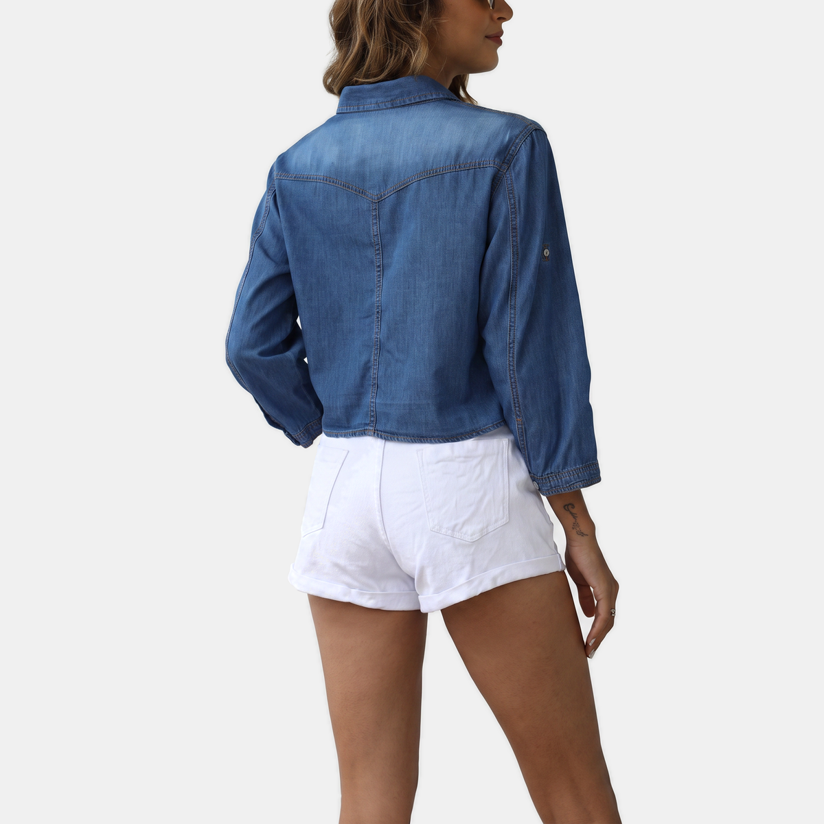 Women's Tie Knot Crop Denim Shirt with Western Snap Button Front