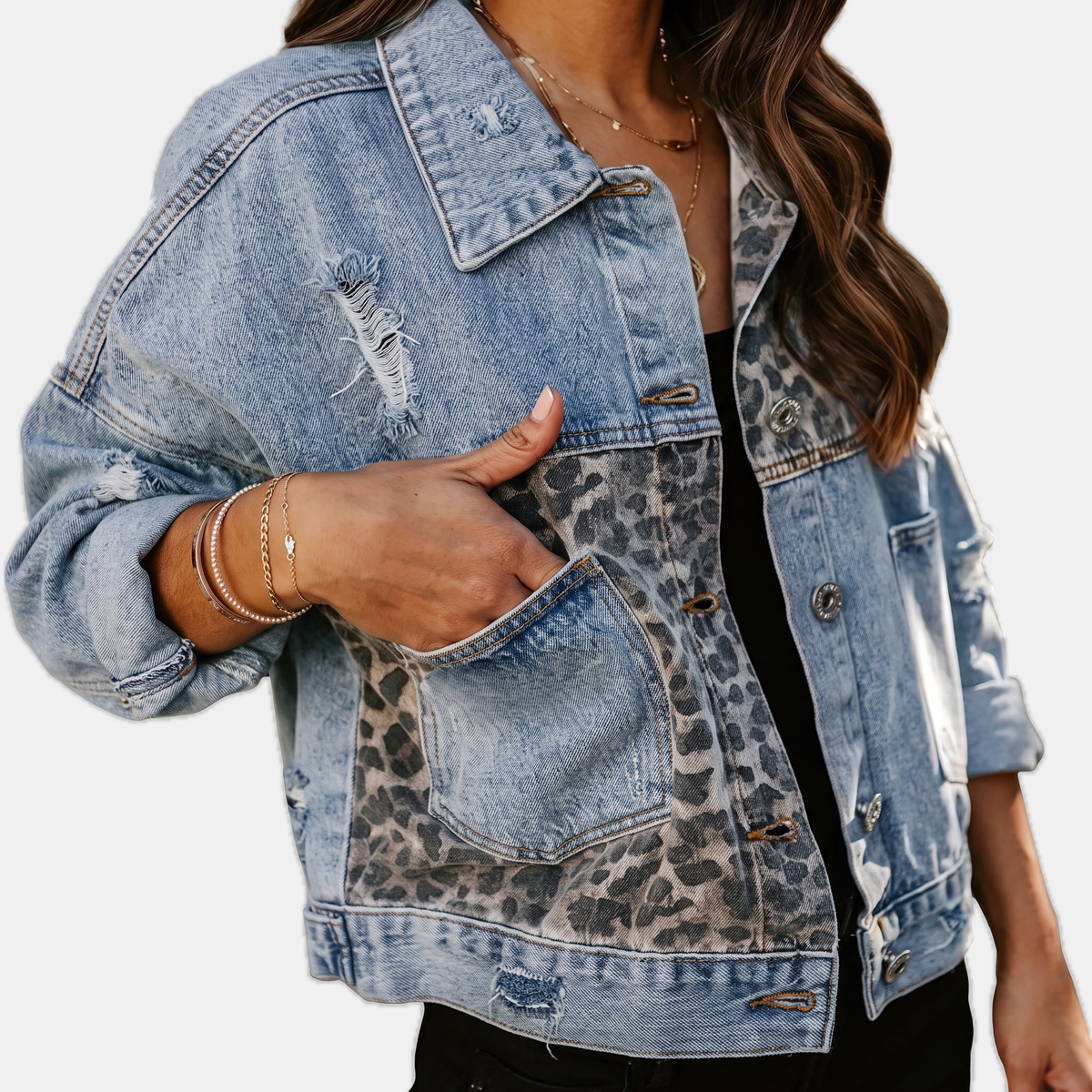 Women's Patchwork Button Front Denim Jacket with Distressed Hem