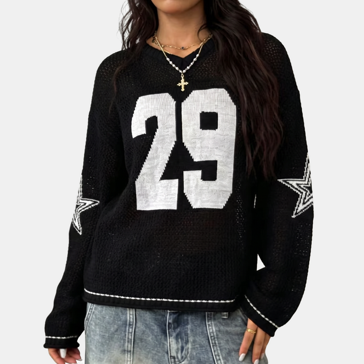Women's Oversized Open Knit Number Graphic Crop Sweater