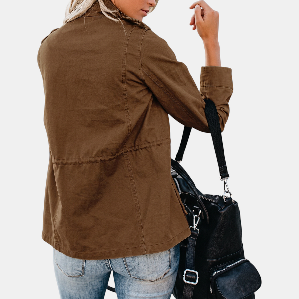 Women's Utility Field Jacket Snap Button Placket Drawstring Waist