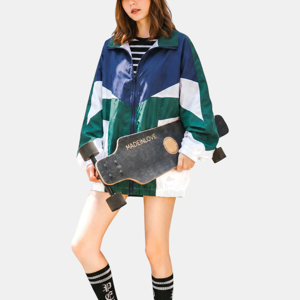 Women's Colorblock Windbreaker Oversized Zip Up Track Jacket