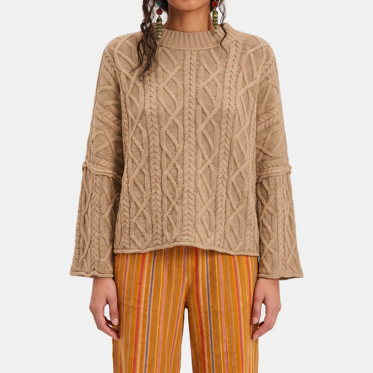 Women's Cable Knit Cropped Sweater Bell Sleeve Pullover