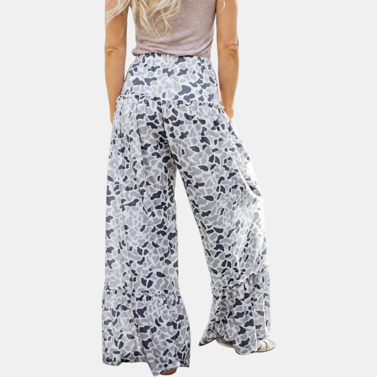 Women's Ruffle Hem Wide Leg Camo Pants