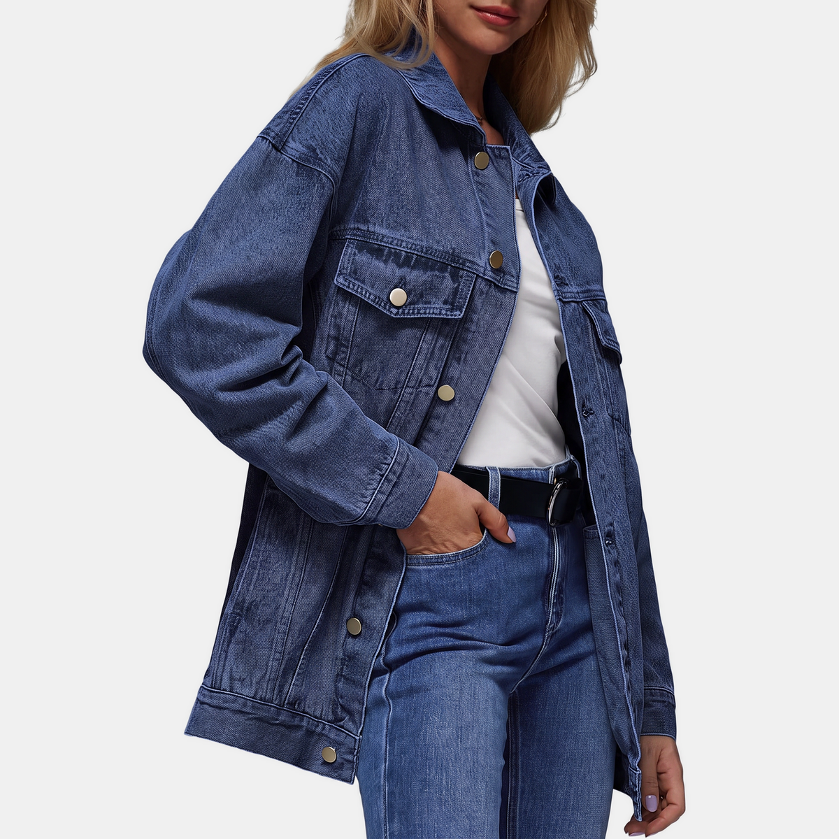 Women's Oversized Acid Wash Denim Jacket with Snap Buttons