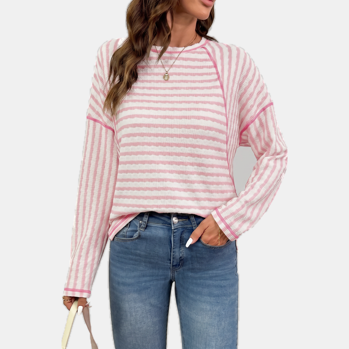 Women's Striped Crewneck Relaxed Raglan Pullover Sweatshirt
