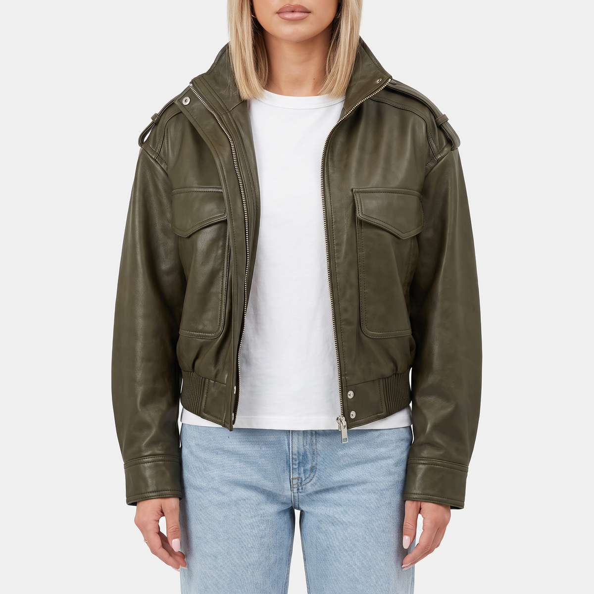 Women's Faux Leather Cropped Bomber Jacket with Cargo Pockets