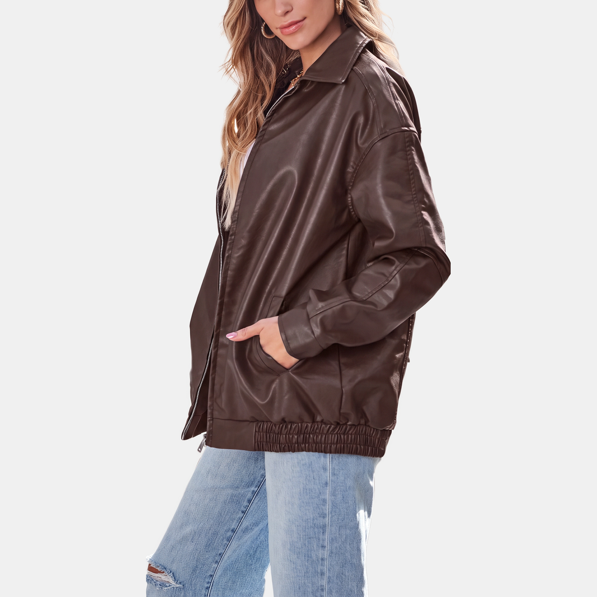 Women's Oversized Faux Leather Bomber Jacket with Zip Front