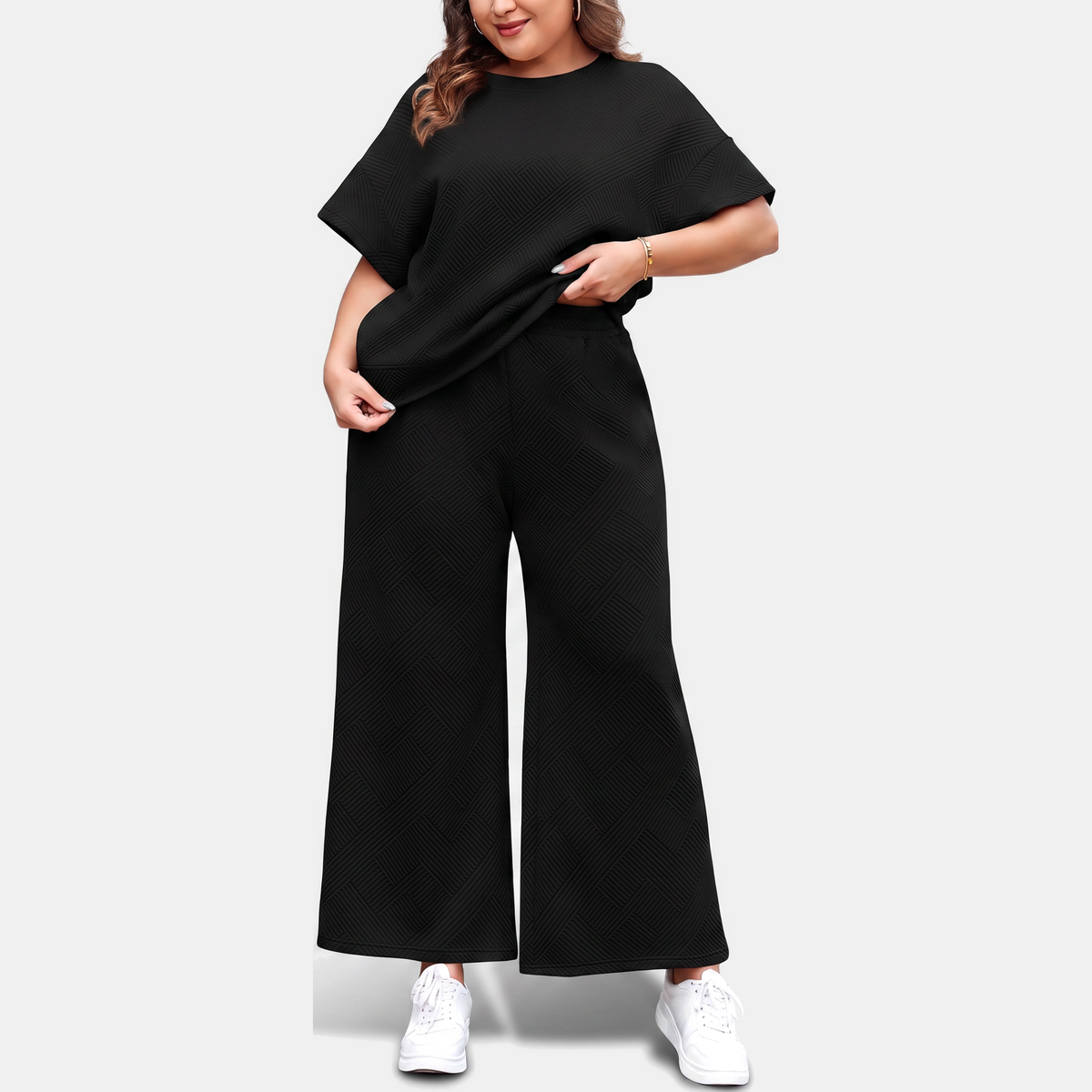 Women's Textured Drawstring Wide Leg Lounge Set
