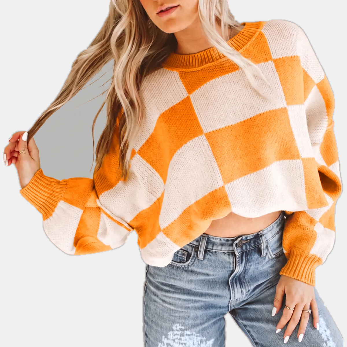Women's Oversized Balloon Sleeve Checkered Knit Sweater