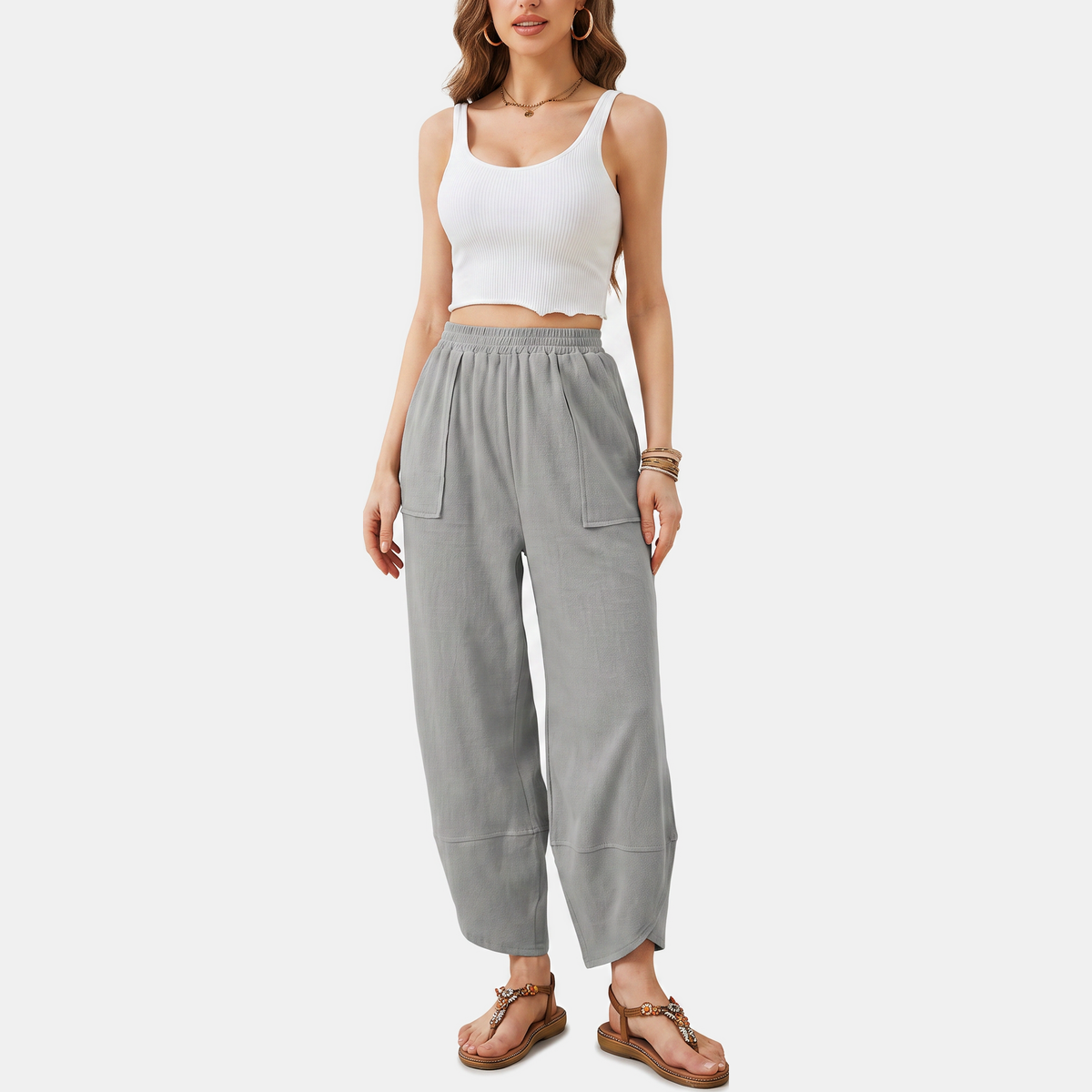 Women's Wide Leg Ribbed Knit Cropped Trousers with Patch Pockets