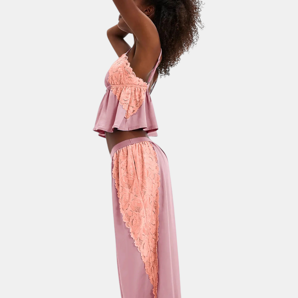 Women's Satin Lace Trim Pajama Set Wide Leg Trousers