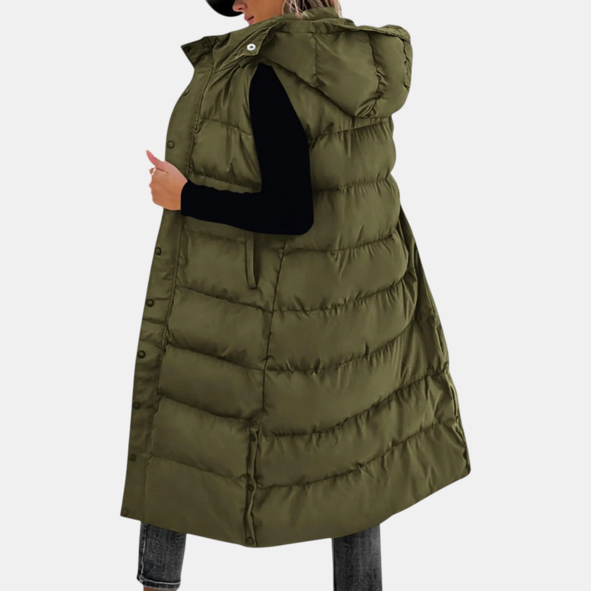 Laura - Women's Puffer Vest Quilted Hooded Maxi Length Button Down