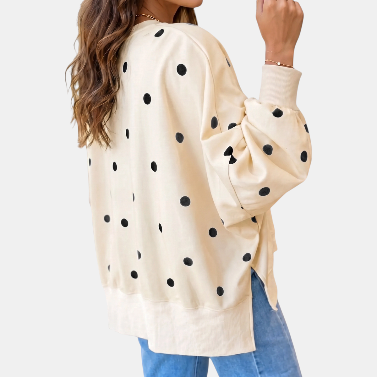 Women's Oversized Crewneck Polka Dot Bow Detail Sweatshirt