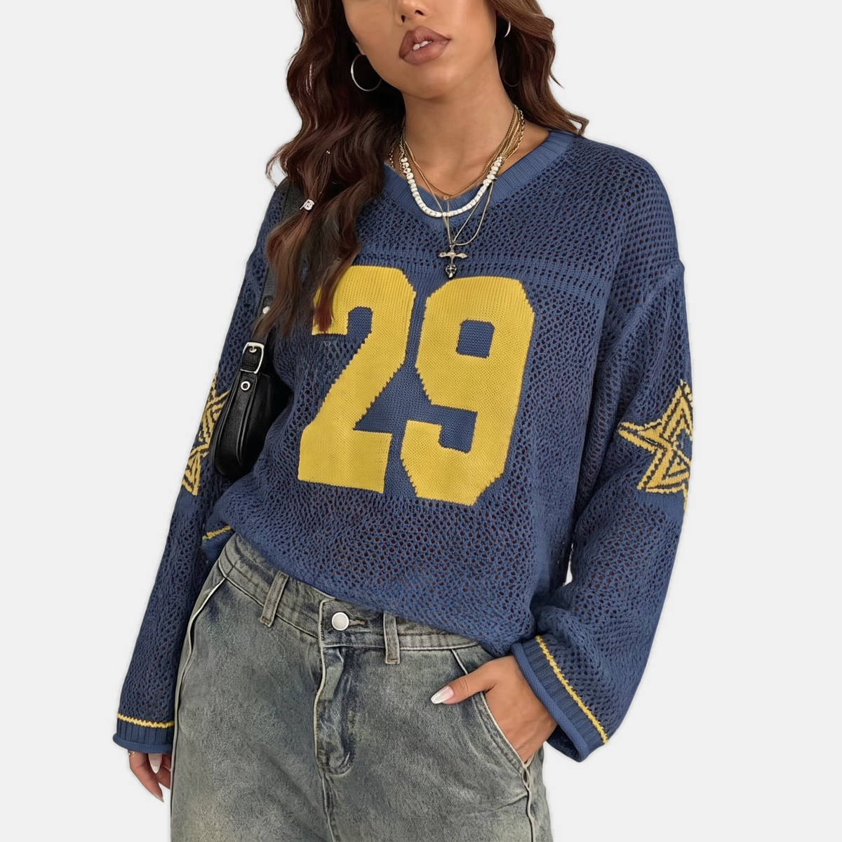 Women's Oversized Open Knit Number Graphic Crop Sweater