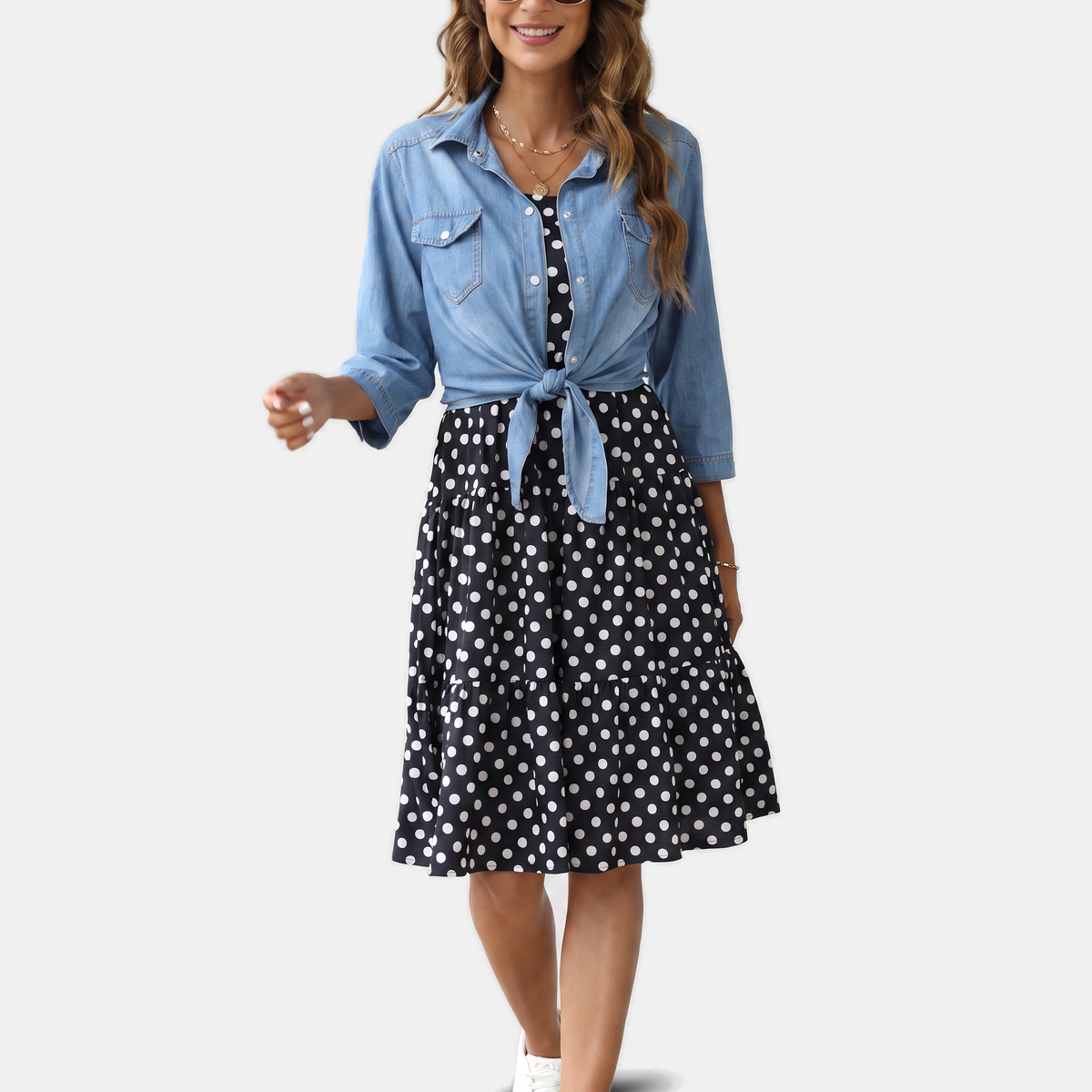 Women's Tie Knot Crop Denim Shirt with Western Snap Button Front