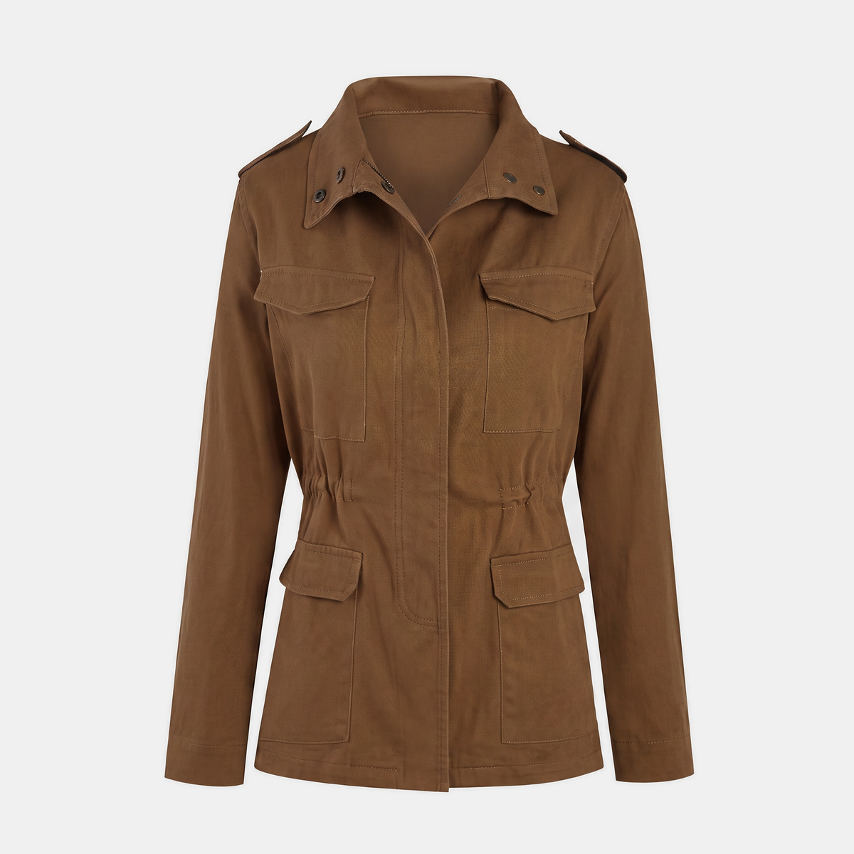 Women's Utility Field Jacket Snap Button Placket Drawstring Waist