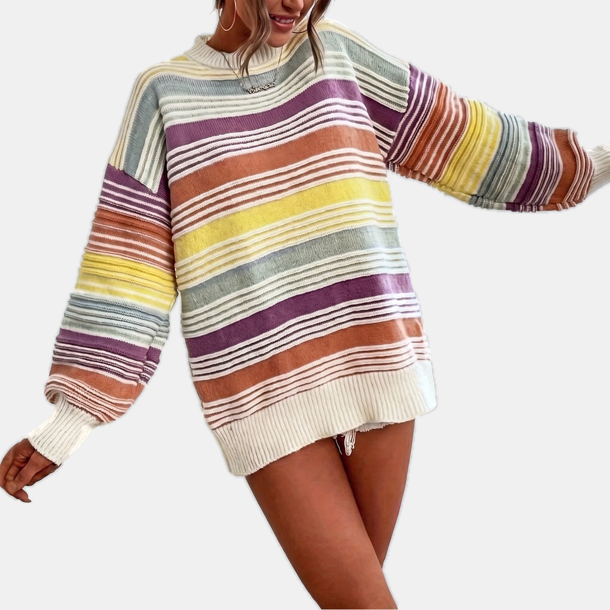 Women's Oversized Balloon Sleeve Striped Knit Sweater