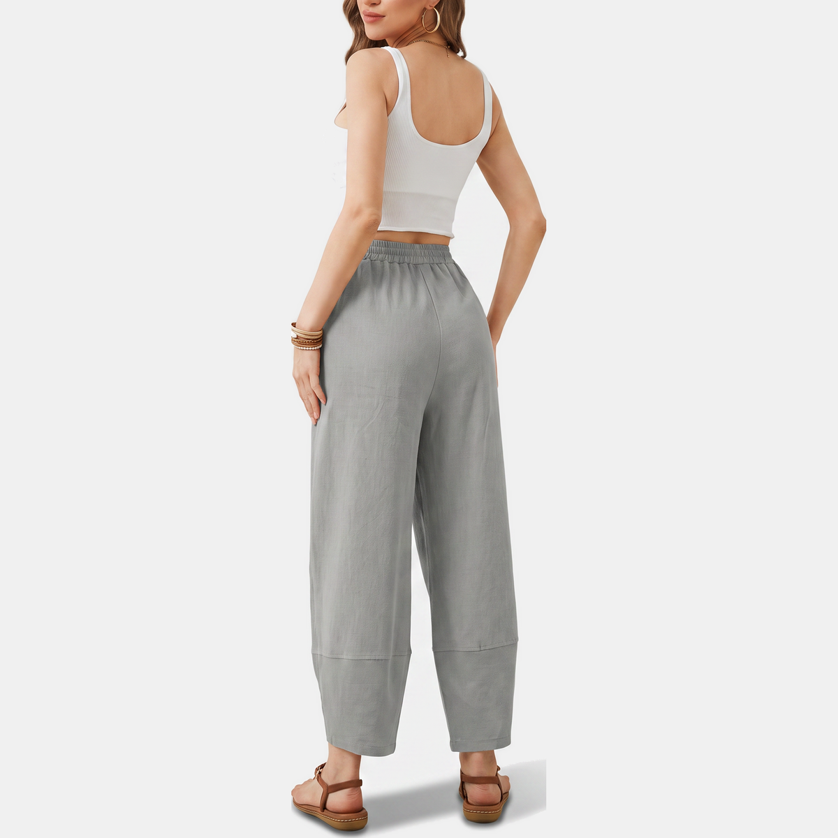 Women's Wide Leg Ribbed Knit Cropped Trousers with Patch Pockets