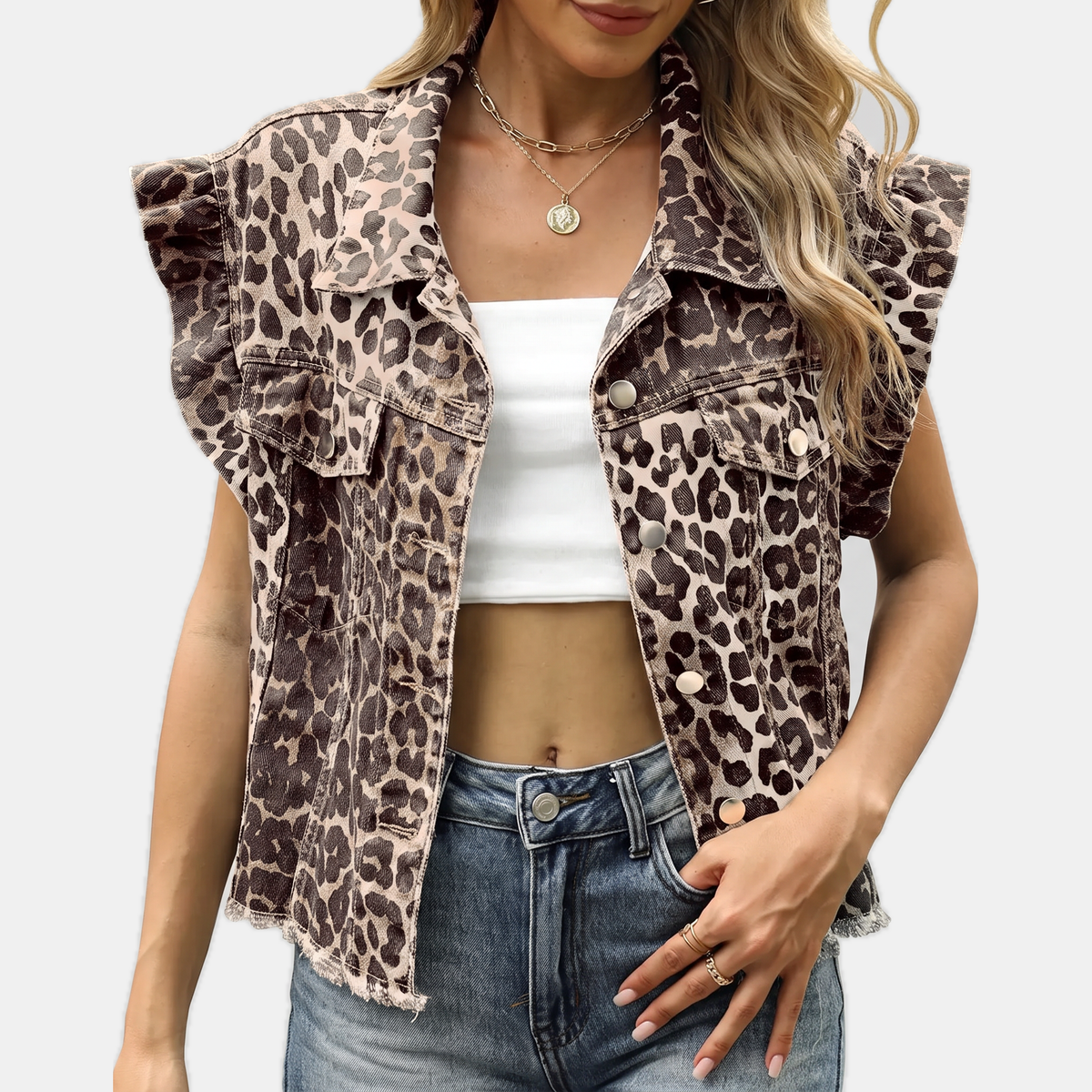 Women's Ruffle Trim Cropped Denim Vest