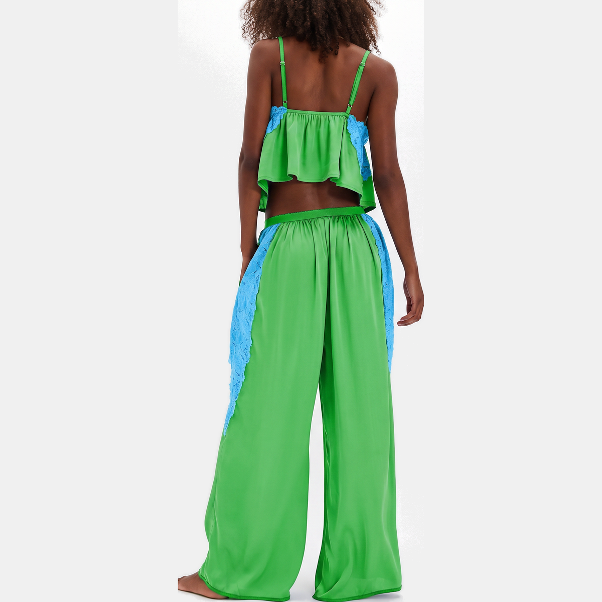 Women's Satin Lace Trim Pajama Set Wide Leg Trousers