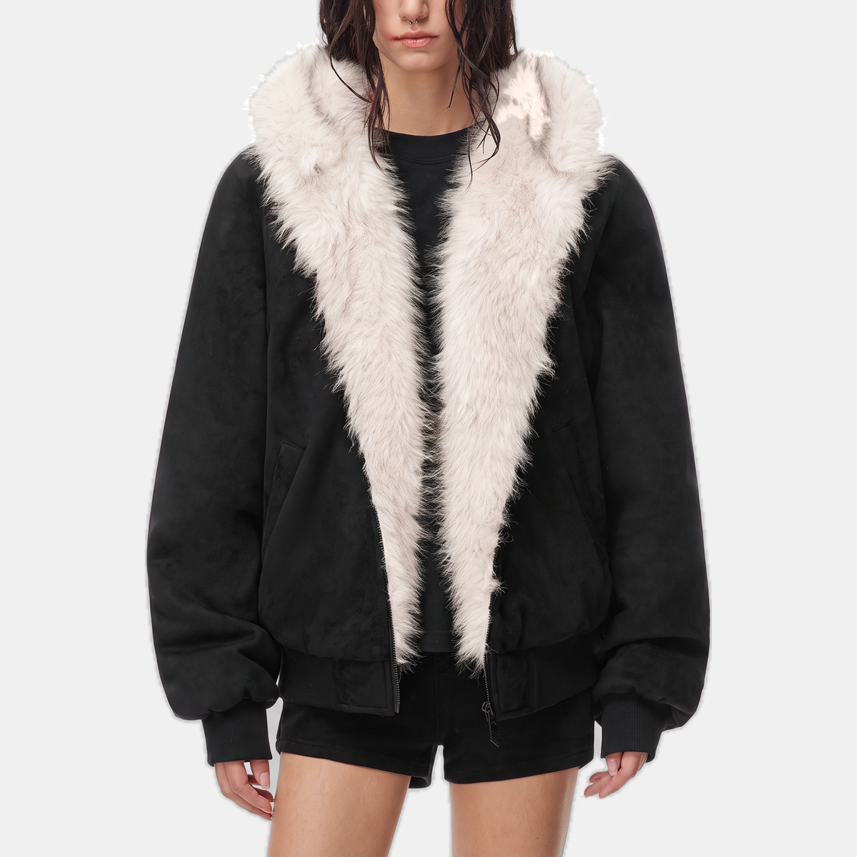 Women's Faux Fur Lined Hooded Bomber Jacket with Cat Ear Hood