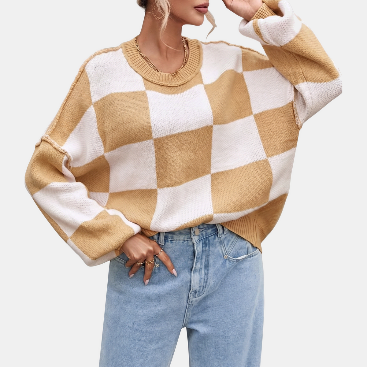 Women's Oversized Balloon Sleeve Checkered Knit Sweater